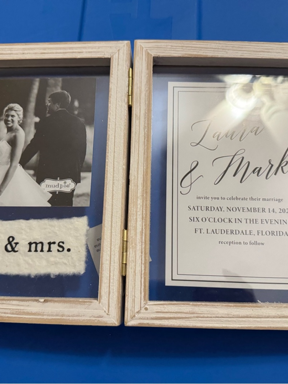 Mud Pie Natural Wood Double Frame with Blue Mats